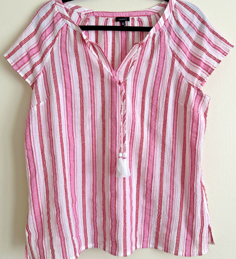 Talbot's Striped Beach cotton vacation tassel top shirt M resort coastal luxury